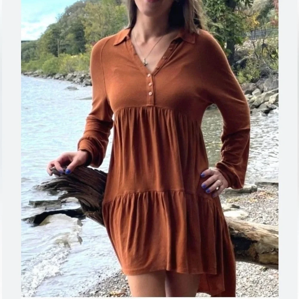 Free People Tiered Keyhole Boho Rayon Blend Long Sleeve Dress Rust Size XS